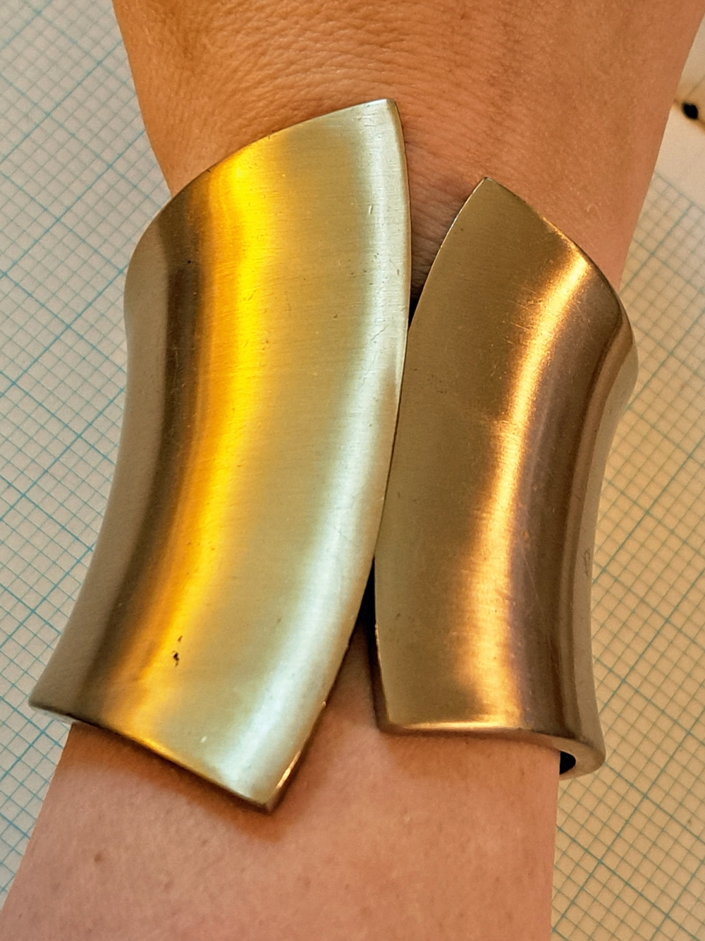 Modern Metallic Wide Hinged Bangle Bracelet - Brushed Satin Gold Tone